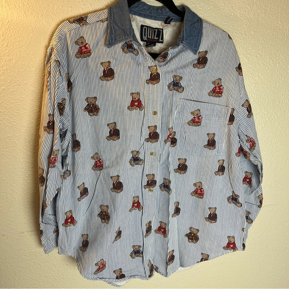 Vintage bear print novelty striped collared button up
